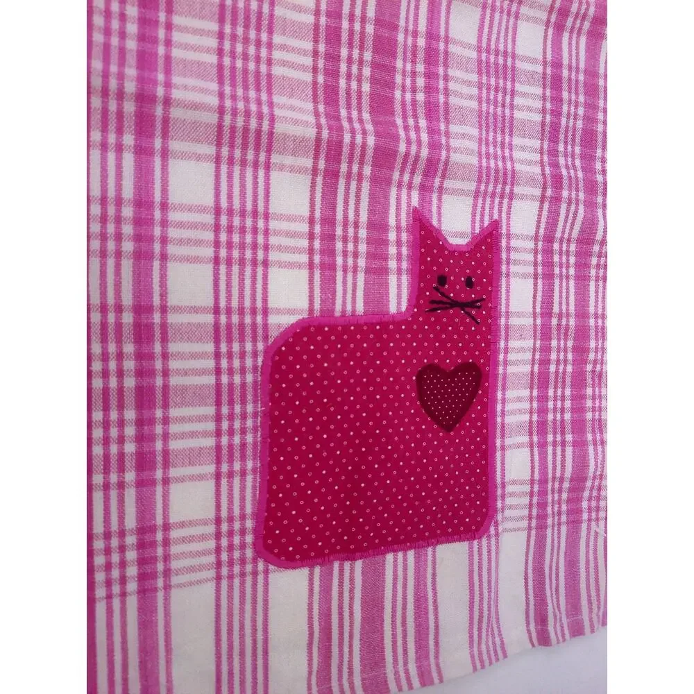 Vintage Pink Plaid Gingham Cat Reversible Tea Hand Towel Cottagecore Applique